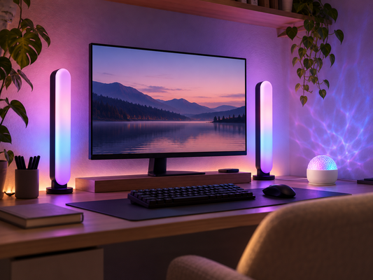 Velune Light Bars and Aurora Light in a calm desk setup