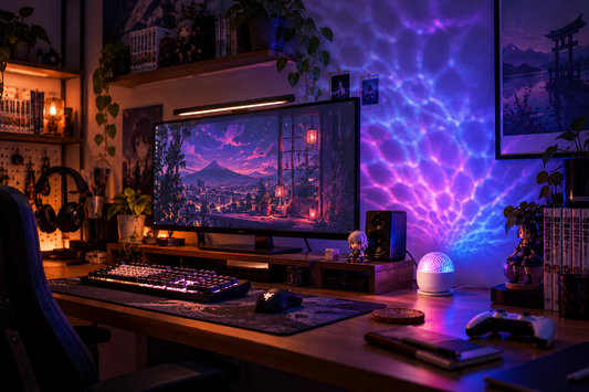 Velune Aurora Light on a cozy gaming desk with purple and blue ambient lighting