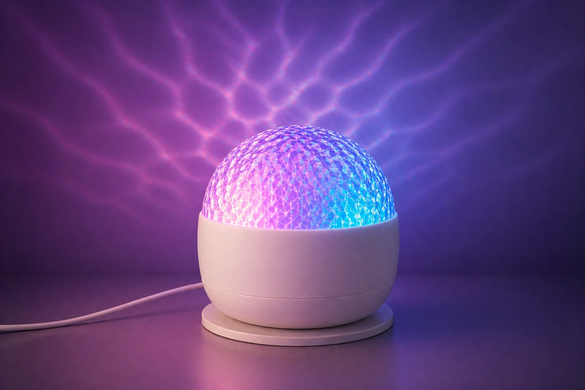 Velune Aurora Light projector casting pink and blue light patterns on a purple wall.