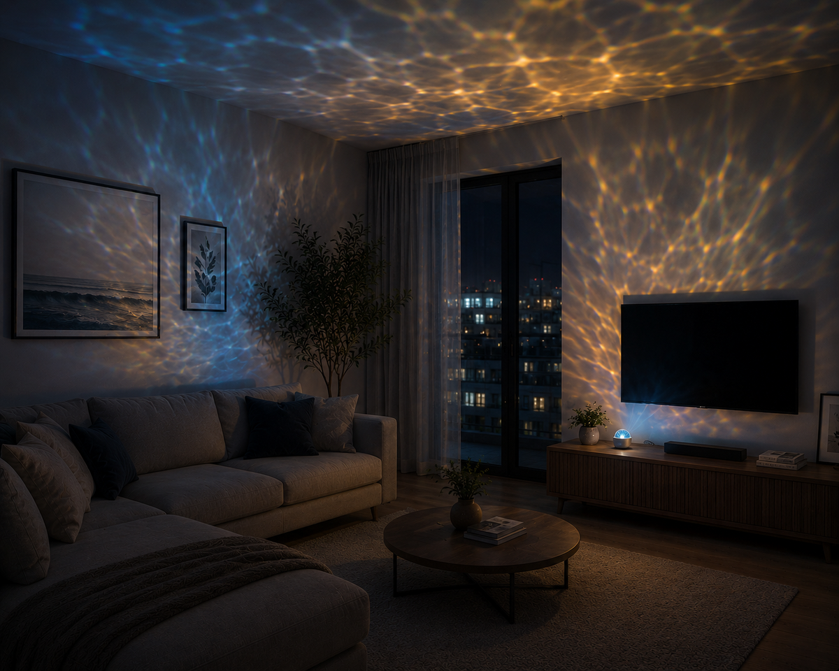 Living room lit by the Velune Aurora Light with blue and warm amber water-ripple projections.
