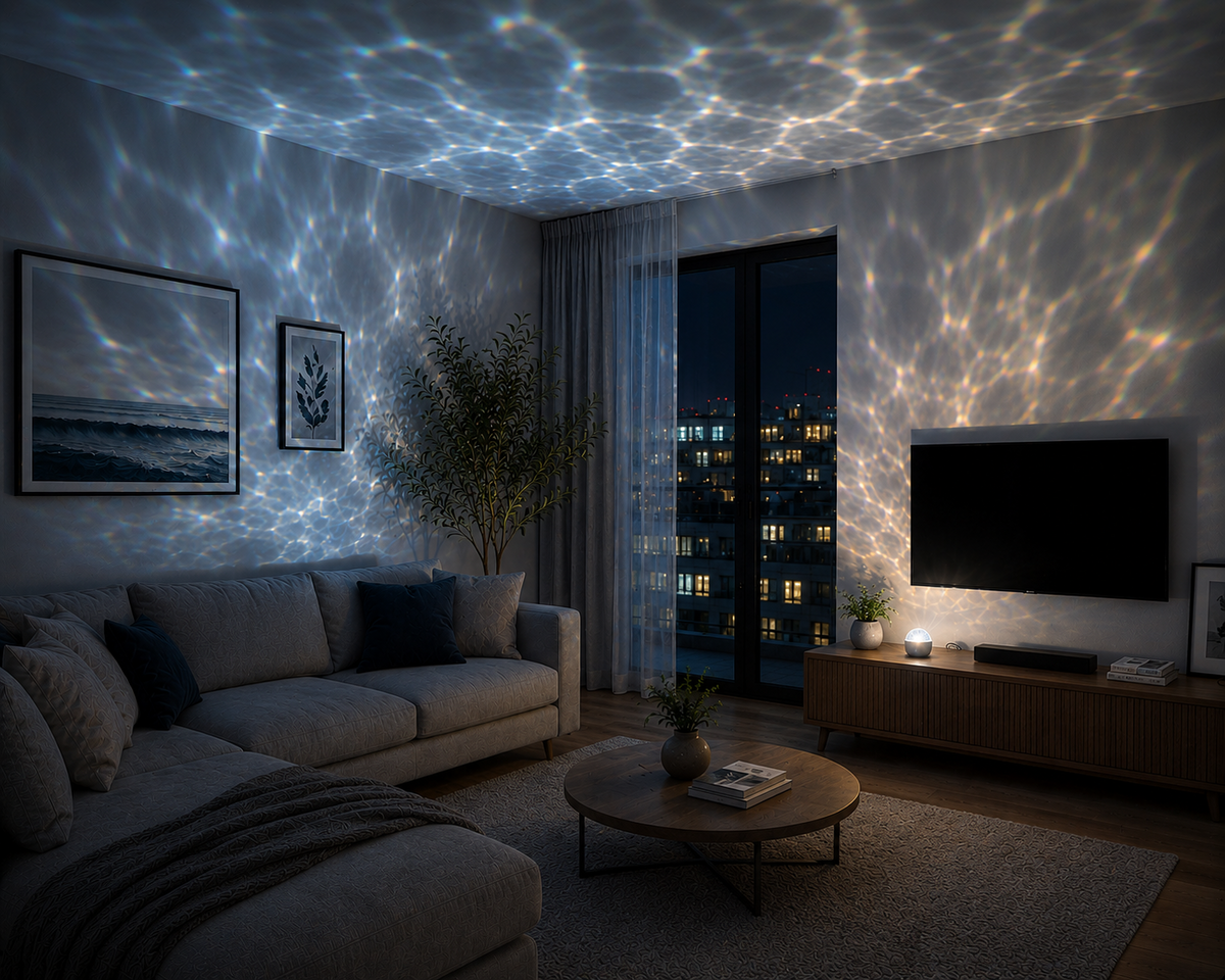 Living room illuminated by cool blue water-ripple light from the Velune Aurora Light.
