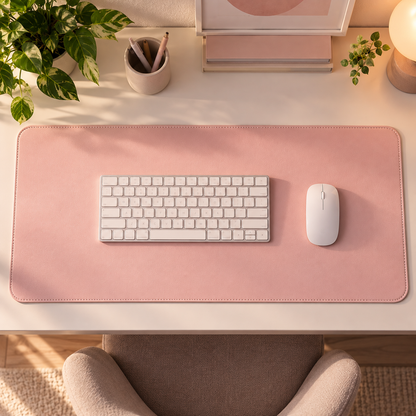 Velune Desk Pad in blush pink with a white keyboard and mouse in a warm workspace.