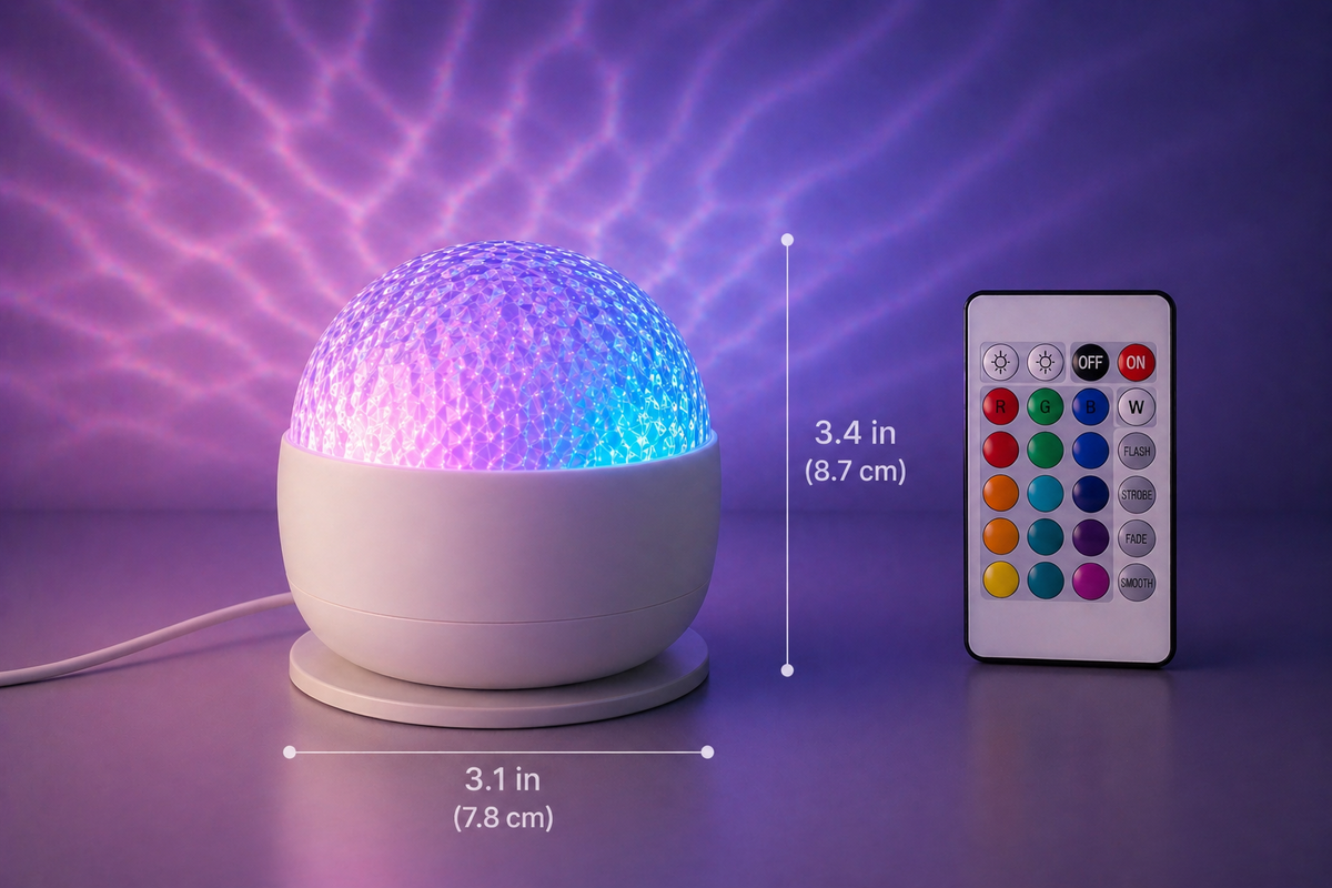 Velune Aurora Light projector with remote control, shown with its height and width dimensions.