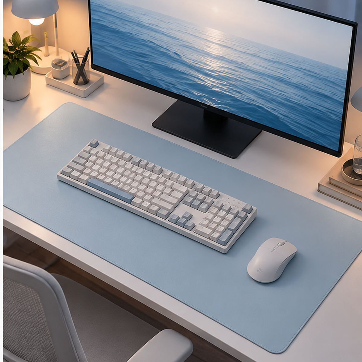 Velune Desk Pad in Soft Blue with a full-size keyboard and mouse in a tidy workspace, with the monitor fully supported on the desk.