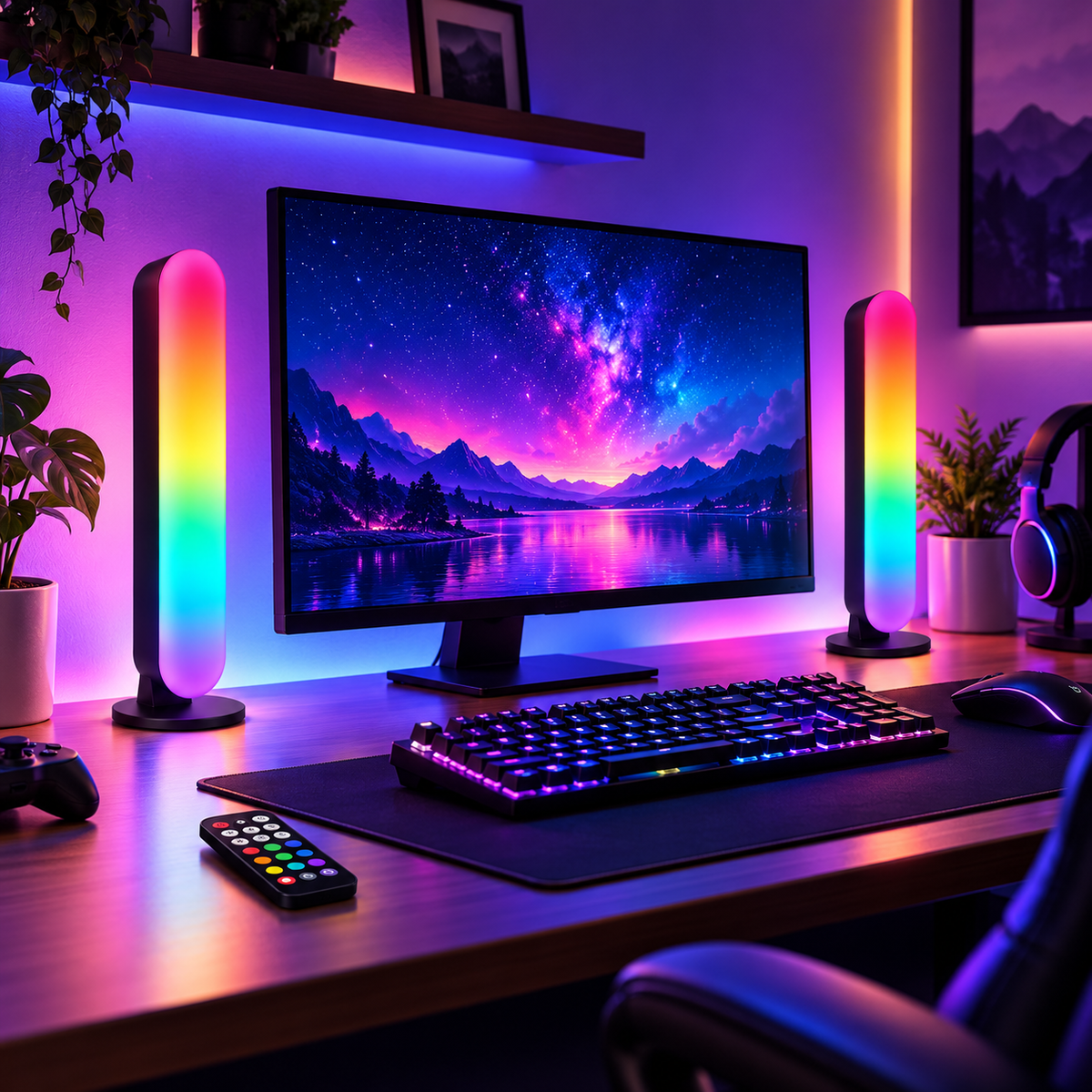 Velune Light Bars in a colorful gaming desk setup