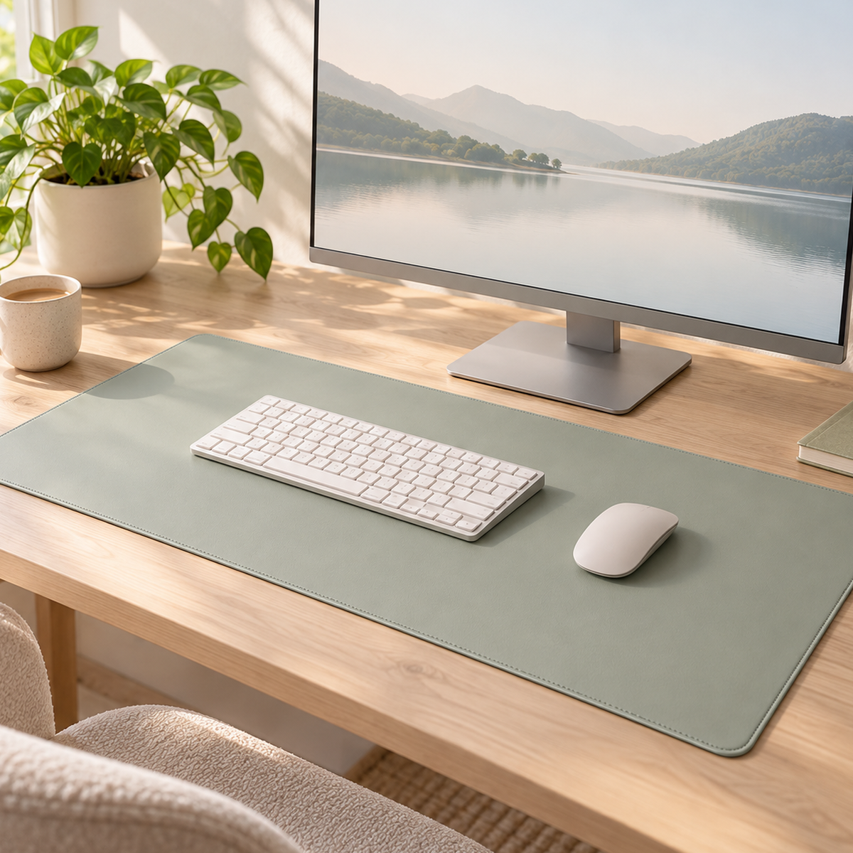 Velune Desk Pad in Sage with a keyboard and mouse in a bright, balanced workspace.