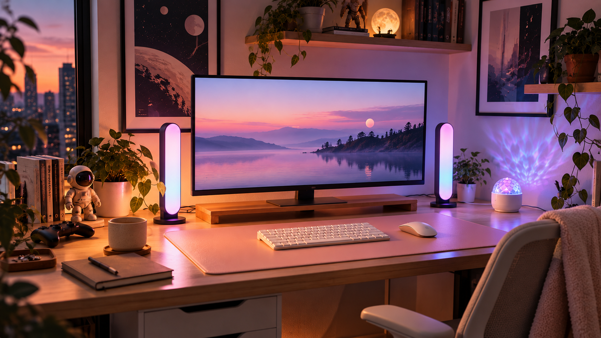 Velune Desk Pad in blush pink in a warm ambient desk setup with pink, purple, and blue lighting.