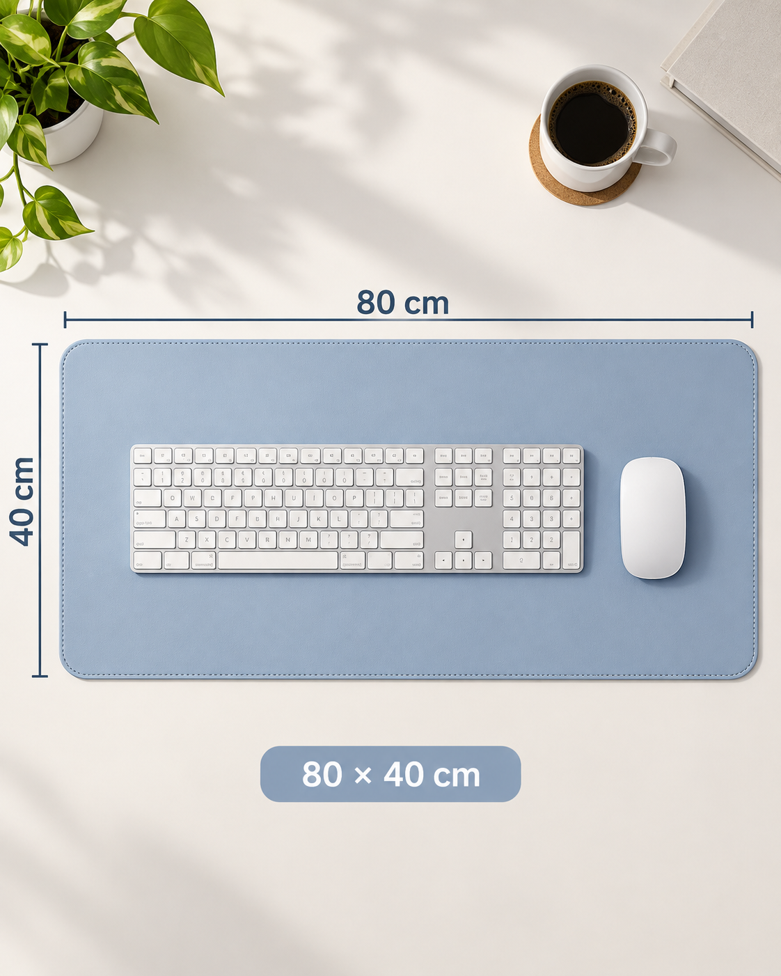 Velune Desk Pad in Soft Blue showing its 80 × 40 cm size with a full-size keyboard and mouse for realistic scale.