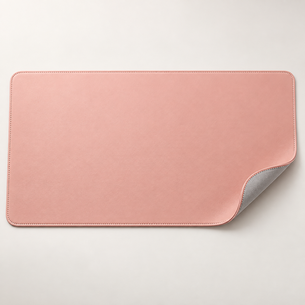Velune Desk Pad in Blush with a lifted corner showing the silver-grey reverse side.