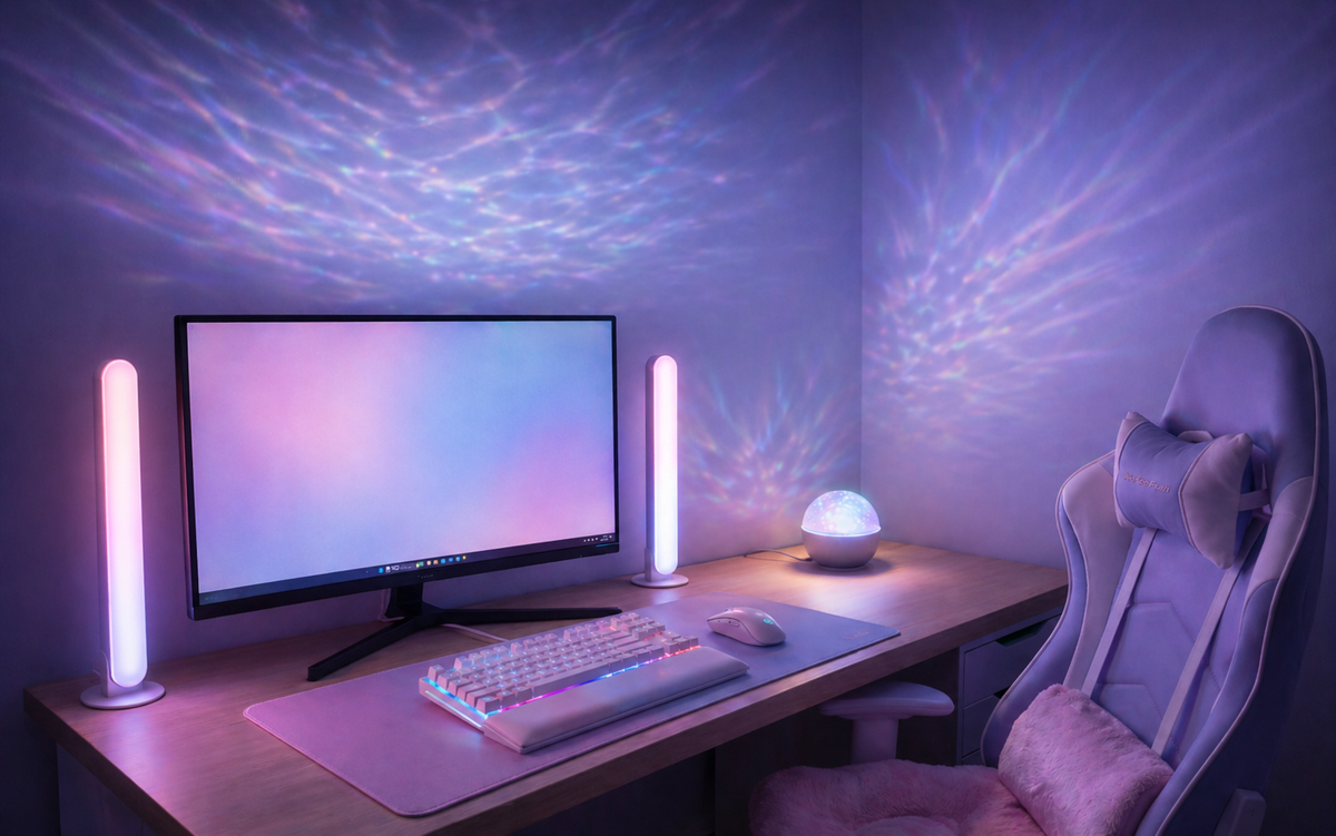 Velune Aurora Light, Velune Light Bars, and Velune Desk Pad in a cozy ambient desk setup with soft pink, lilac, and blue lighting